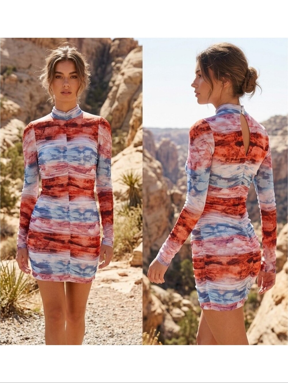Wild Fable Long sleeve Ruched Mesh Bodycon dress Blue & Orange Size S